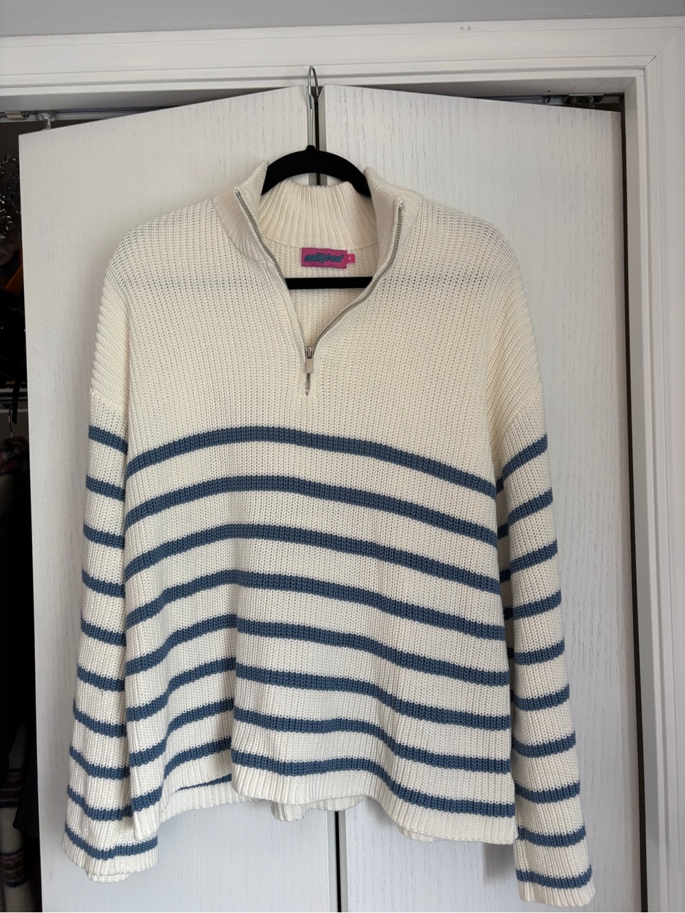 Edikted Cream Quarter-Zip Sweater with Blue Stripes